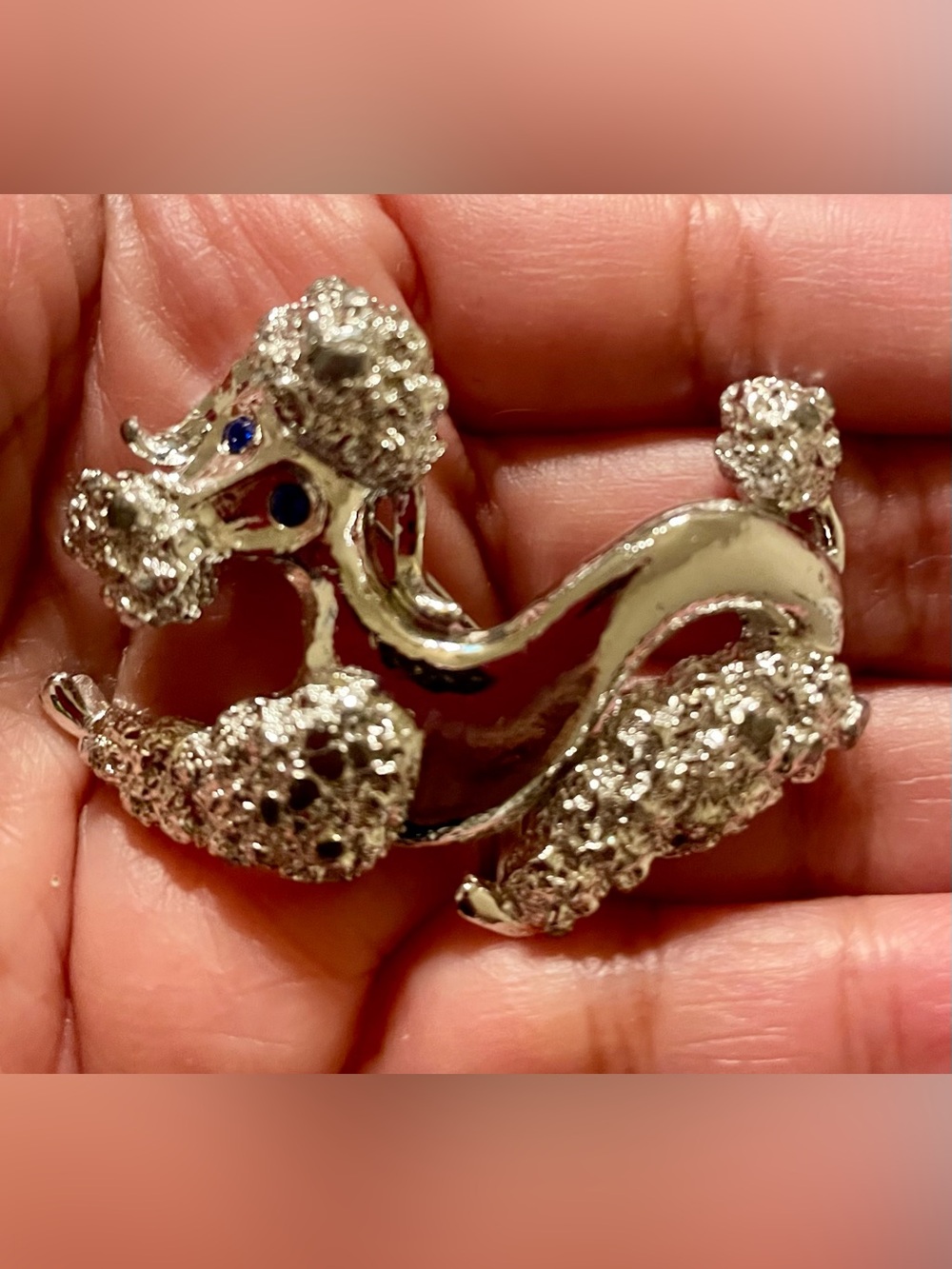 Silver-Tone Poodle Brooch Pin with Clear Crystals